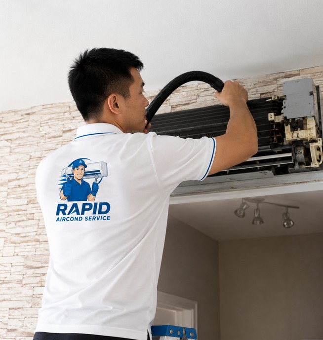 Technician inspecting aircond coil and drainage during a repair