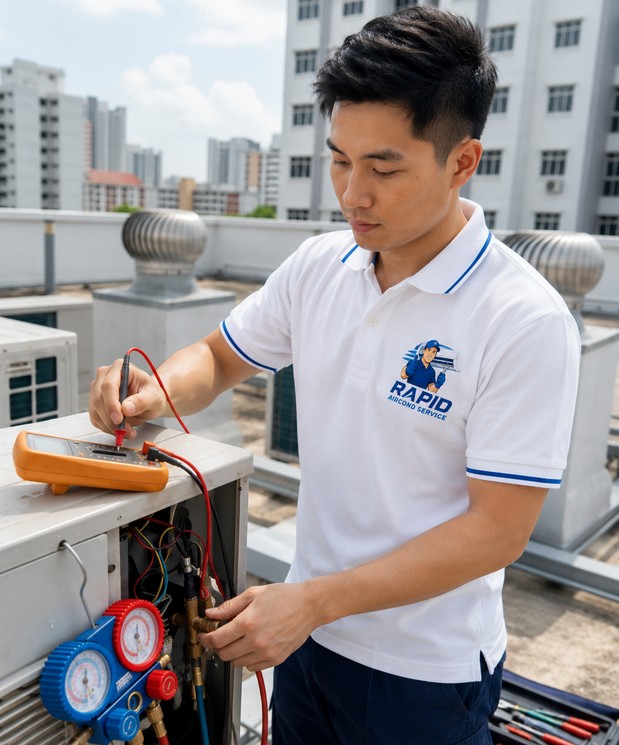 Technician checking refrigerant gas pressure during an aircond gas top-up
