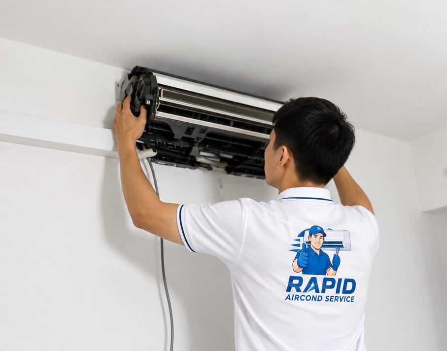 Technicians removing an indoor unit cover for overhaul and inspection