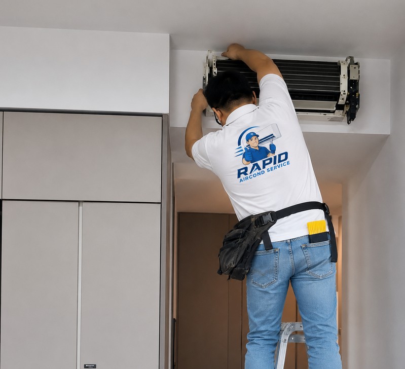 Technician installing a wall-mounted air conditioner unit in a condo