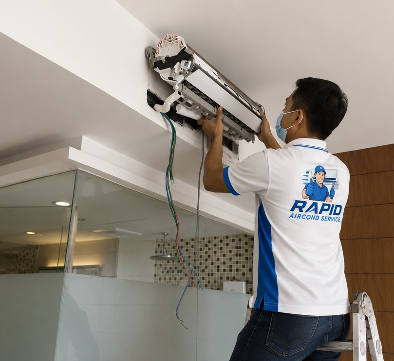 Technician carrying out an aircond inspection and health check in an office