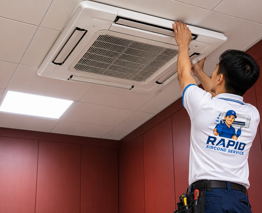 Routine maintenance on a ceiling cassette aircond in an office